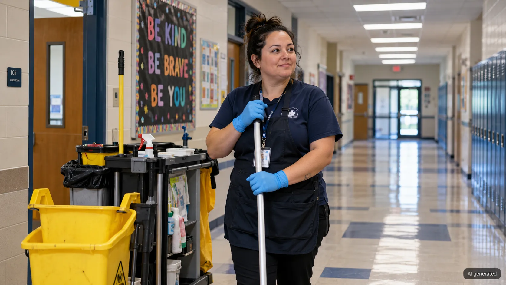 School cleaner working in a U.S. school hallway beside a janitorial cart with a mop and cleaning supplies.